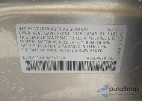 2010 Volkswagen Cc Sport from USA, damaged, VIN WVWMP7AN0AE567829